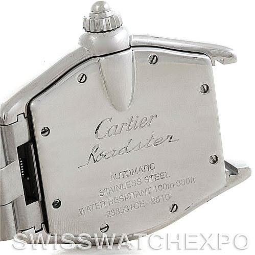 The image shows the back case and part of the bracelet of a Cartier Roadster W62025V3 Men's Stainless Steel Silver Dial W62025V3 Men's Stainless Steel Silver Dial watch.