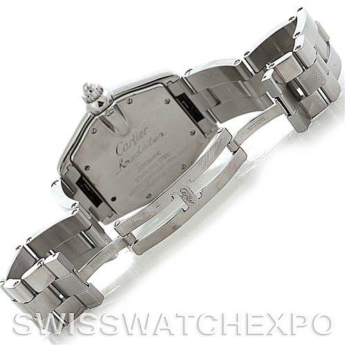 This image shows the backside and stainless steel bracelet of a Cartier Roadster W62025V3 Men's Stainless Steel Silver Dial W62025V3 Men's Stainless Steel Silver Dial watch.