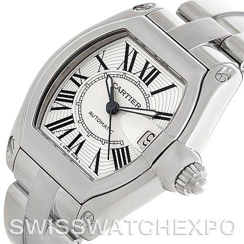 The image shows a Cartier Roadster W62025V3 Men's Stainless Steel Silver Dial W62025V3 Men's Stainless Steel Silver Dial watch from an angled close-up view, highlighting the dial and part of the bracelet.
