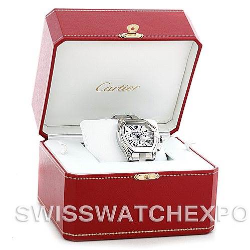 The Cartier Roadster W62019X6 Men's Stainless Steel Silver Dial W62019X6 Men's Stainless Steel Silver Dial watch is displayed inside an open red Cartier box, photographed from an angled top-front view.