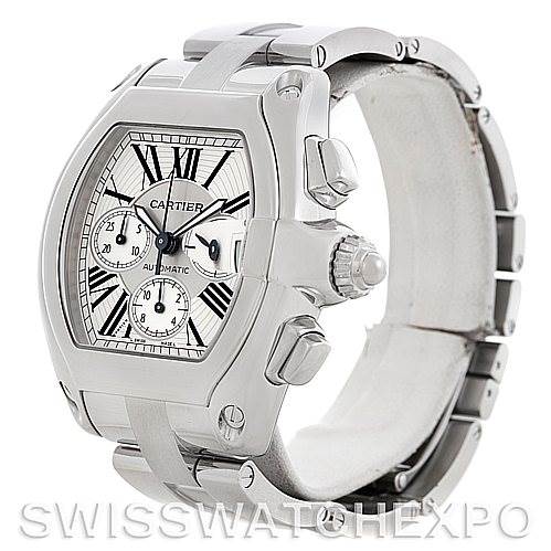 The image shows a side view of the Cartier Roadster W62019X6 Men's Stainless Steel Silver Dial W62019X6 Men's Stainless Steel Silver Dial watch, displaying its dial, crown, pushers, and stainless steel bracelet.