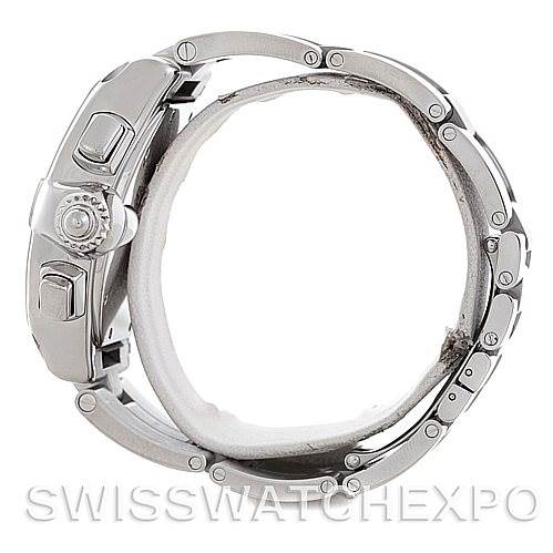 The image shows a side view of the Cartier Roadster W62019X6 Men's Stainless Steel Silver Dial W62019X6 Men's Stainless Steel Silver Dial watch, focusing on the crown, buttons, and metal bracelet.