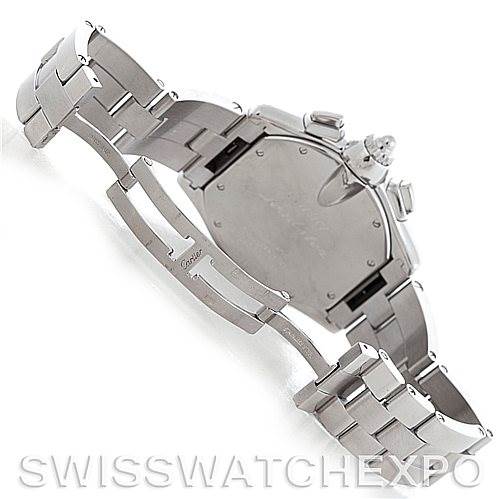 The image shows the back and bracelet of a Cartier Roadster W62019X6 Men's Stainless Steel Silver Dial W62019X6 Men's Stainless Steel Silver Dial watch at an angle, highlighting the clasp and case back.