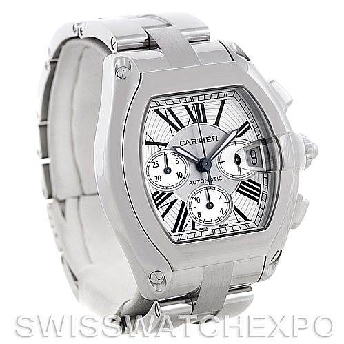 The image shows a Cartier Roadster W62019X6 Men's Stainless Steel Silver Dial W62019X6 Men's Stainless Steel Silver Dial watch at a three-quarter angle, highlighting the face, bezel, and bracelet.