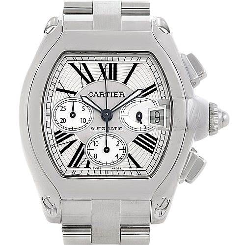 This image shows a front view of the Cartier Roadster W62019X6 Men's Stainless Steel Silver Dial W62019X6 Men's Stainless Steel Silver Dial watch, displaying the face, date window, subdials, and a portion of the metal bracelet.