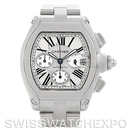 The image shows a front view of a Cartier Roadster W62019X6 Men's Stainless Steel Silver Dial W62019X6 Men's Stainless Steel Silver Dial watch, featuring its face, crown, subdials, and part of the bracelet.