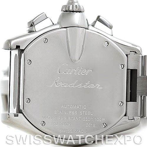 This image shows the back case of a Cartier Roadster W62019X6 Men's Stainless Steel Silver Dial W62019X6 Men's Stainless Steel Silver Dial watch, highlighting its automatic movement and stainless steel construction.