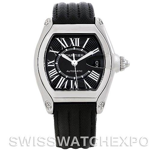 This image shows a frontal view of a Cartier Roadster W62041V3 Men's Stainless Steel Black Dial W62041V3 Men's Stainless Steel Black Dial watch, highlighting its face, bezel, and strap.