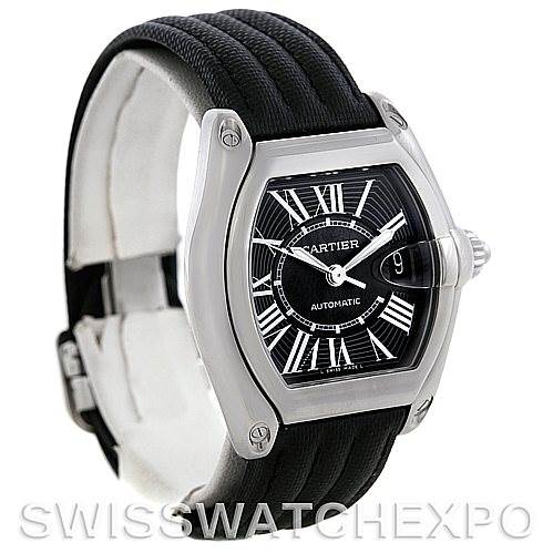 This image shows a Cartier Roadster W62041V3 Men's Stainless Steel Black Dial W62041V3 Men's Stainless Steel Black Dial model watch at a three-quarter angle, highlighting the face, bezel, crown, and strap.