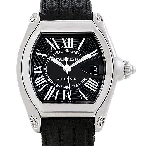 This image shows a front view of a Cartier Roadster W62041V3 Men's Stainless Steel Black Dial W62041V3 Men's Stainless Steel Black Dial watch, highlighting its black dial, Roman numerals, and stainless steel case.