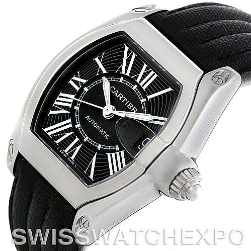 This image shows the Cartier Roadster W62041V3 Men's Stainless Steel Black Dial W62041V3 Men's Stainless Steel Black Dial watch at an angled view, highlighting the black dial, Roman numerals, date magnifier, and crown.