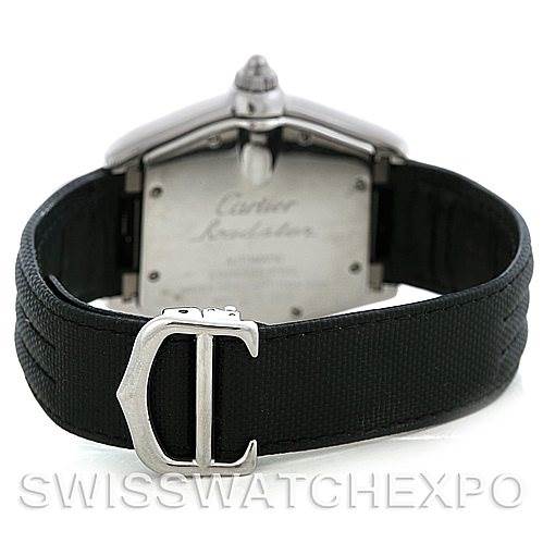 This image shows the back of the Cartier Roadster W62041V3 Men's Stainless Steel Black Dial W62041V3 Men's Stainless Steel Black Dial watch, highlighting its clasp and partially the backside of the case.