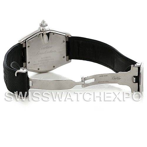 This image shows the back and open clasp of the Cartier Roadster W62041V3 Men's Stainless Steel Black Dial W62041V3 Men's Stainless Steel Black Dial watch, revealing the stainless steel bracelet and caseback.