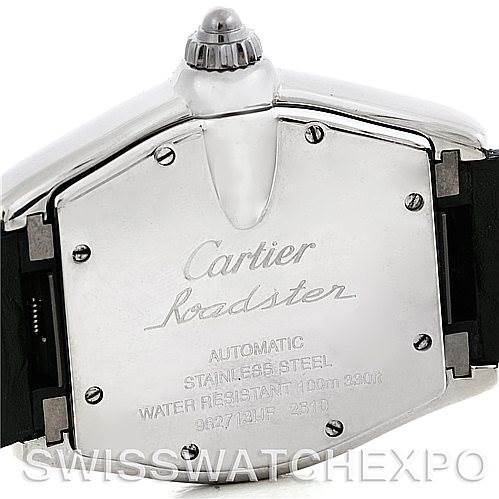 The image shows the back view of a Cartier Roadster W62041V3 Men's Stainless Steel Black Dial W62041V3 Men's Stainless Steel Black Dial watch, highlighting its stainless steel back case, branding, and water resistance details.