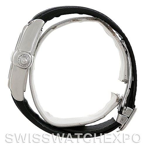 The image shows a side view of the Cartier Roadster W62041V3 Men's Stainless Steel Black Dial W62041V3 Men's Stainless Steel Black Dial watch, highlighting its black leather strap and the crown.