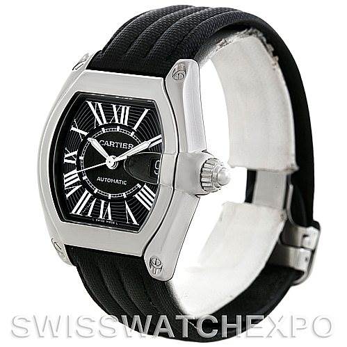 The image shows a side and partial front view of a Cartier Roadster W62041V3 Men's Stainless Steel Black Dial W62041V3 Men's Stainless Steel Black Dial watch, highlighting its black dial, silver casing, and black strap.