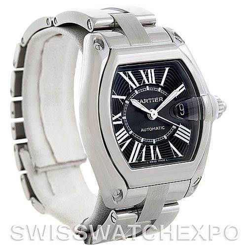 The image shows a front and side view of a Cartier Roadster W62041V3 Men's Stainless Steel Black Dial W62041V3 Men's Stainless Steel Black Dial watch, highlighting its face, bezel, and bracelet.