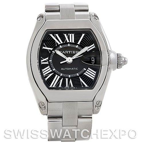 This image shows a front view of a Cartier Roadster W62041V3 Men's Stainless Steel Black Dial W62041V3 Men's Stainless Steel Black Dial watch, focusing on the face, bezel, and bracelet.