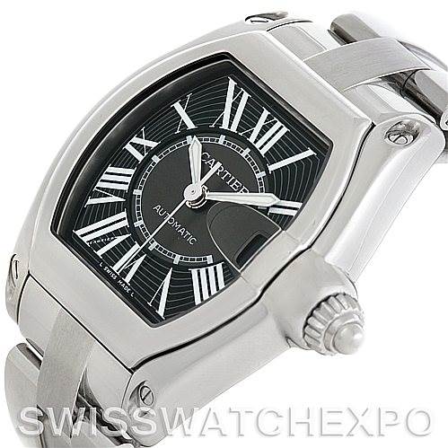 The image shows a close-up angle of a Cartier Roadster W62041V3 Men's Stainless Steel Black Dial W62041V3 Men's Stainless Steel Black Dial watch, highlighting the watch face, crown, and part of the bracelet.