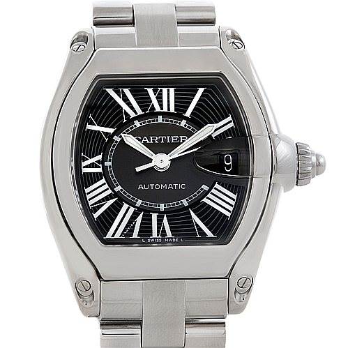 The image shows a frontal view of the Cartier Roadster W62041V3 Men's Stainless Steel Black Dial W62041V3 Men's Stainless Steel Black Dial watch, highlighting the face, dial, date window, and part of the bracelet.