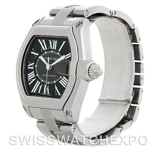 This image shows a Cartier Roadster W62041V3 Men's Stainless Steel Black Dial W62041V3 Men's Stainless Steel Black Dial watch from a three-quarter angle, highlighting the face, crown, and part of the bracelet.