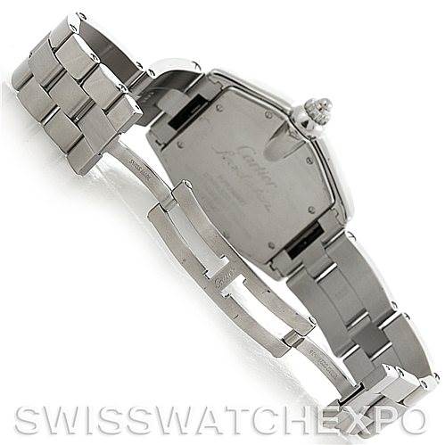 This image shows the underside and clasp mechanism of a Cartier Roadster W62041V3 Men's Stainless Steel Black Dial W62041V3 Men's Stainless Steel Black Dial watch, highlighting its stainless steel bracelet and case back.