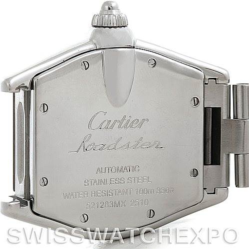 This image shows the case back of the Cartier Roadster W62041V3 Men's Stainless Steel Black Dial W62041V3 Men's Stainless Steel Black Dial watch, including the inscription and bracelet attachment.