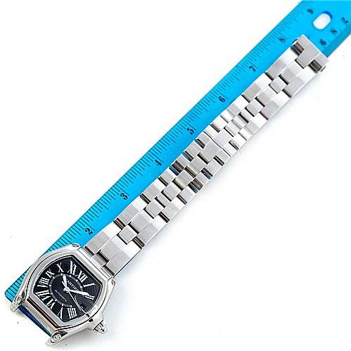 This image shows a top-down view of a Cartier Roadster W62041V3 Men's Stainless Steel Black Dial W62041V3 Men's Stainless Steel Black Dial watch with a ruler measuring its band.