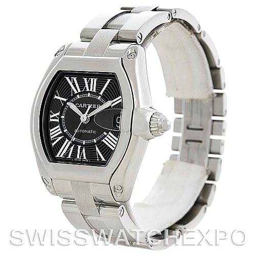The image shows a Cartier Roadster W62041V3 Men's Stainless Steel Black Dial W62041V3 Men's Stainless Steel Black Dial watch at an angle displaying the face, crown, and part of the metal bracelet.