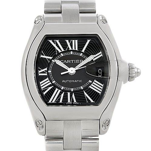 The Cartier Roadster W62041V3 Men's Stainless Steel Black Dial W62041V3 Men's Stainless Steel Black Dial watch is shown from a front angle, displaying its face, case, crown, and part of the bracelet.
