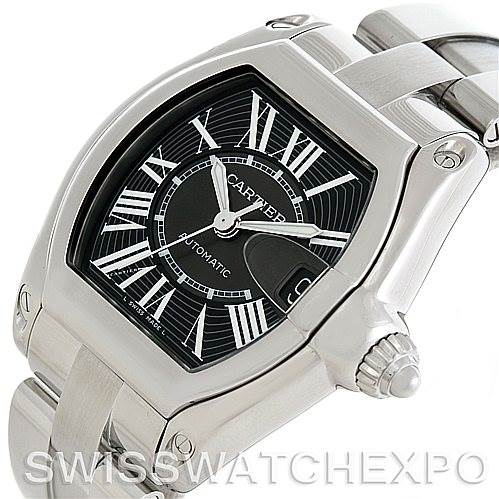 The image shows a Cartier Roadster W62041V3 Men's Stainless Steel Black Dial W62041V3 Men's Stainless Steel Black Dial watch angled to display its face, crown, and a portion of the metal bracelet.