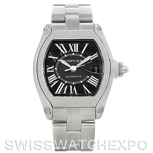 The image shows a Cartier Roadster W62041V3 Men's Stainless Steel Black Dial W62041V3 Men's Stainless Steel Black Dial watch from a front angle, featuring its dial, bezel, crown, and bracelet.