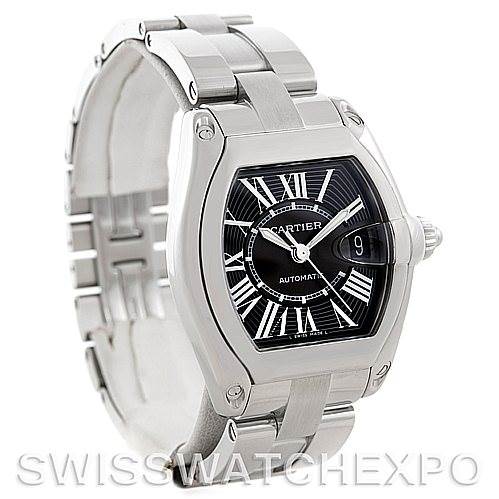The image shows a Cartier Roadster W62041V3 Men's Stainless Steel Black Dial W62041V3 Men's Stainless Steel Black Dial watch in a three-quarter angle, highlighting the face, bezel, crown, and bracelet.