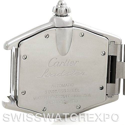 The image shows the back case and crown of a Cartier Roadster W62041V3 Men's Stainless Steel Black Dial W62041V3 Men's Stainless Steel Black Dial watch at a rear angle.