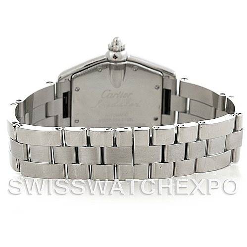 This image shows the back view of a Cartier Roadster W62041V3 Men's Stainless Steel Black Dial W62041V3 Men's Stainless Steel Black Dial watch, highlighting its stainless steel case and bracelet.