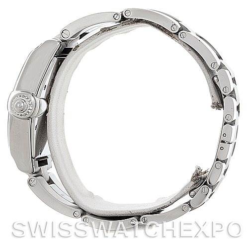 This side view shows the Cartier Roadster W62041V3 Men's Stainless Steel Black Dial W62041V3 Men's Stainless Steel Black Dial watch, highlighting its case, crown, and bracelet.