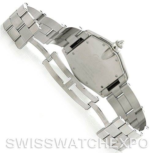 The image shows the back case and opened bracelet of a Cartier Roadster W62041V3 Men's Stainless Steel Black Dial W62041V3 Men's Stainless Steel Black Dial watch, revealing its clasp and links.