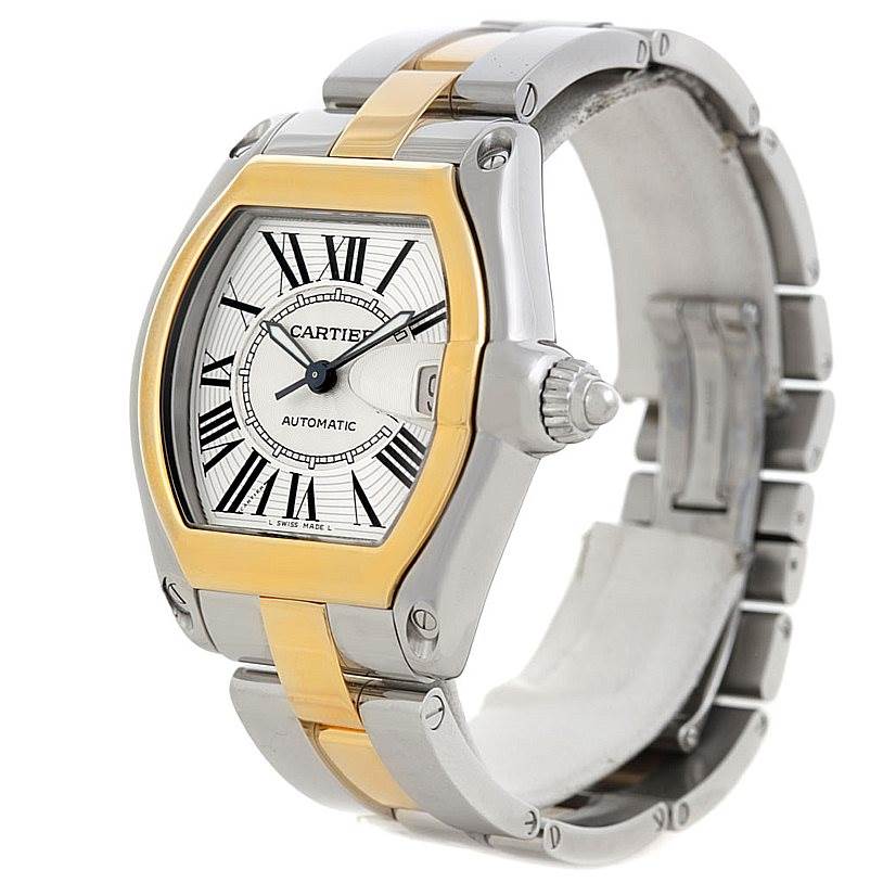 The image shows a Cartier Roadster W62031Y4 Men's Steel and Gold (two tone) Silver Dial W62031Y4 Men's Steel and Gold (two tone) Silver Dial watch at an angle highlighting the face, bezel, crown, and partial bracelet.