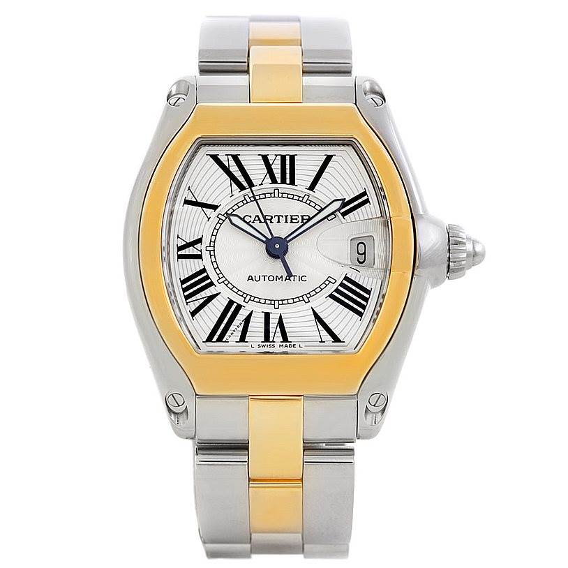 This is a front view of a Cartier Roadster W62031Y4 Men's Steel and Gold (two tone) Silver Dial W62031Y4 Men's Steel and Gold (two tone) Silver Dial watch showcasing the dial, bezel, and bracelet.