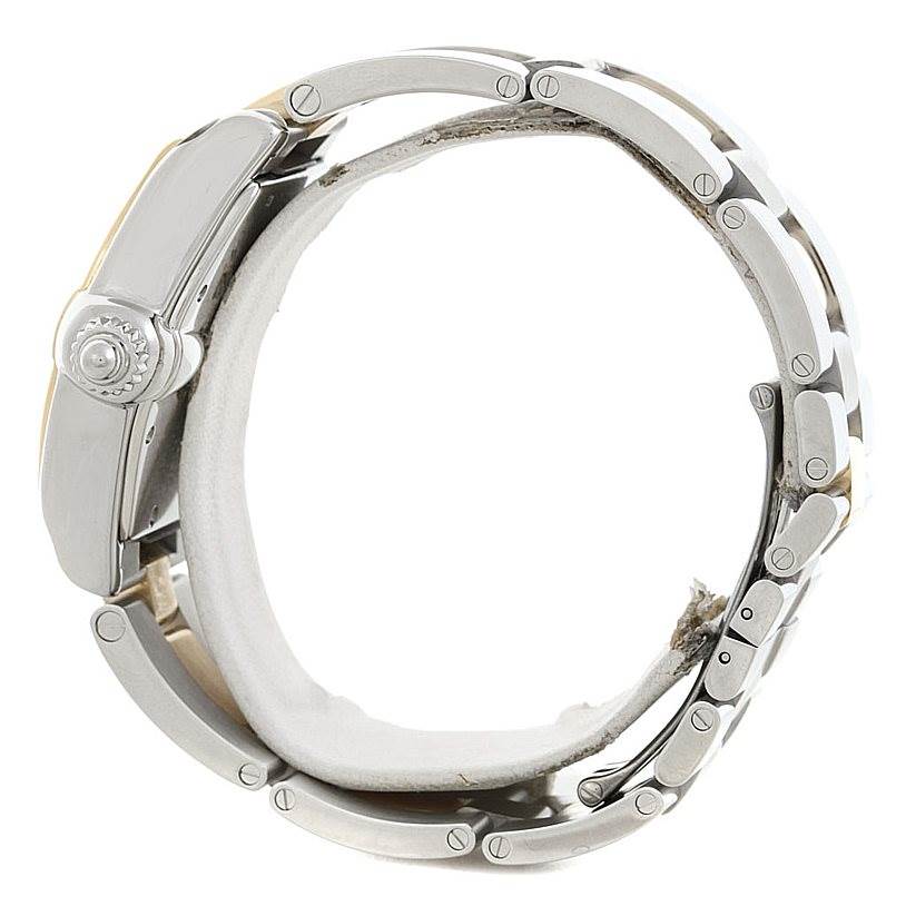 The image shows a Cartier Roadster W62031Y4 Men's Steel and Gold (two tone) Silver Dial W62031Y4 Men's Steel and Gold (two tone) Silver Dial watch from a side profile, highlighting the crown and bracelet links.