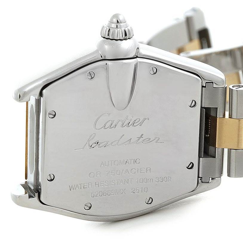 This image shows the back case and part of the bracelet of a Cartier Roadster W62031Y4 Men's Steel and Gold (two tone) Silver Dial W62031Y4 Men's Steel and Gold (two tone) Silver Dial watch.