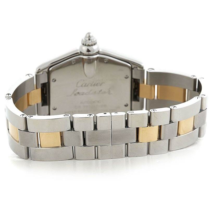 The image shows the back and bracelet of the Cartier Roadster W62031Y4 Men's Steel and Gold (two tone) Silver Dial W62031Y4 Men's Steel and Gold (two tone) Silver Dial watch, focusing on its stainless steel and gold accents.