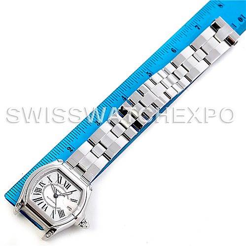 The image shows a top-down view of a Cartier Roadster W62025V3 Men's Stainless Steel Silver Dial W62025V3 Men's Stainless Steel Silver Dial watch with its entire bracelet measured against a ruler.