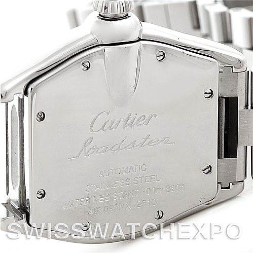 This is a close-up view of the back of a Cartier Roadster W62025V3 Men's Stainless Steel Silver Dial W62025V3 Men's Stainless Steel Silver Dial watch, showcasing the engravings and part of the bracelet.