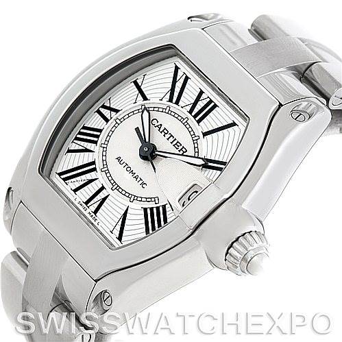 The image shows a Cartier Roadster W62025V3 Men's Stainless Steel Silver Dial W62025V3 Men's Stainless Steel Silver Dial watch angled from the top right, highlighting the dial, crown, and part of the bracelet.