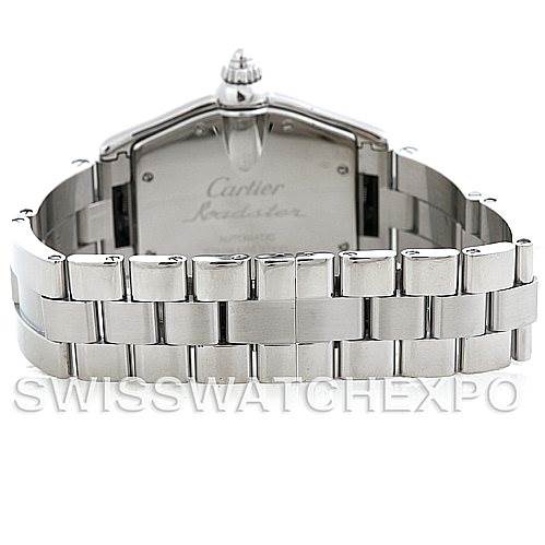 The image shows the back view of a Cartier Roadster W62025V3 Men's Stainless Steel Silver Dial W62025V3 Men's Stainless Steel Silver Dial watch, highlighting the stainless steel case and bracelet.