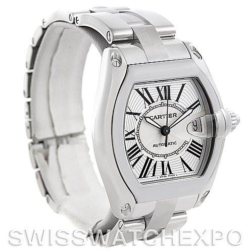 The image shows a Cartier Roadster W62025V3 Men's Stainless Steel Silver Dial W62025V3 Men's Stainless Steel Silver Dial watch viewed from a slightly angled side, displaying the face, bezel, and part of the bracelet.