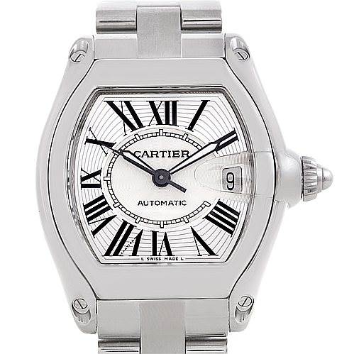 The Cartier Roadster W62025V3 Men's Stainless Steel Silver Dial W62025V3 Men's Stainless Steel Silver Dial watch is shown from a front angle, highlighting its dial, case, and a portion of its bracelet.