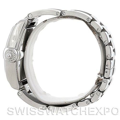 This image shows a side view of the Cartier Roadster W62025V3 Men's Stainless Steel Silver Dial W62025V3 Men's Stainless Steel Silver Dial watch, focusing on the clasp, crown, and bracelet.