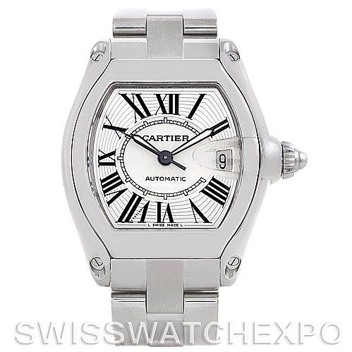 This image shows a front view of a Cartier Roadster W62025V3 Men's Stainless Steel Silver Dial W62025V3 Men's Stainless Steel Silver Dial watch displaying the face, crown, and part of the bracelet.